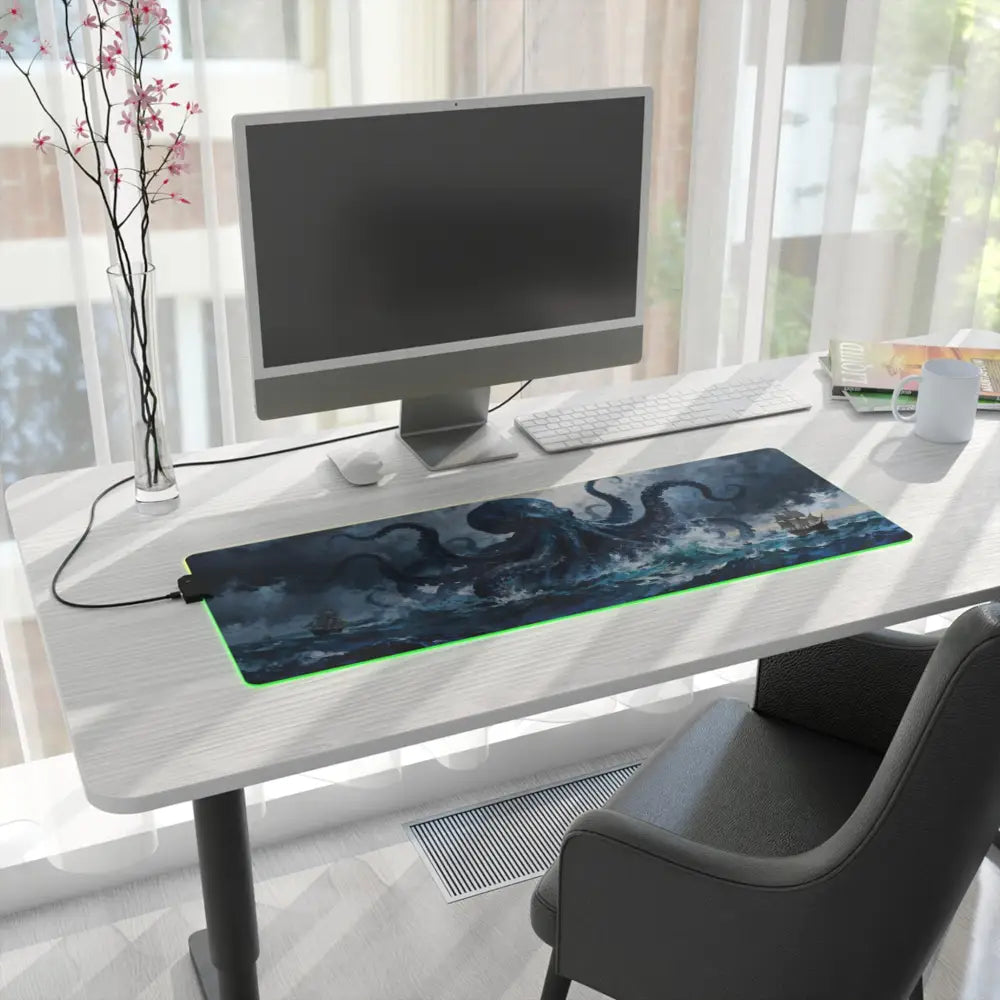 Kraken storm led gaming mouse pad with dark blue oceanic octopus design and glowing green edge for pc gamers
