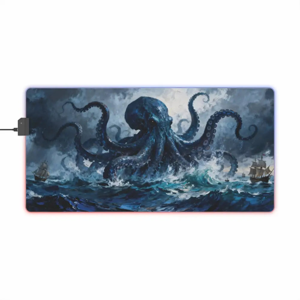 Kraken storm led gaming mouse pad with glowing blue and red rgb lighting featuring a tentacled octopus design