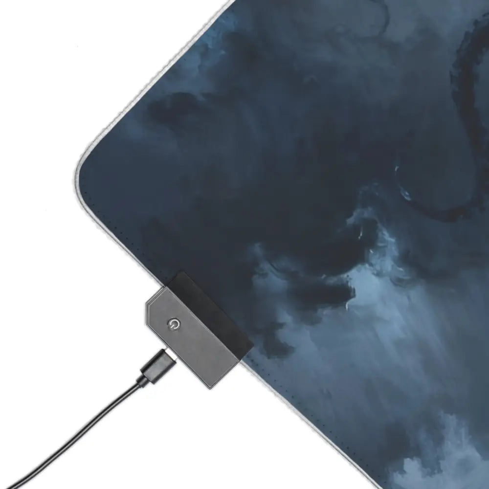 A sleek dark blue leather laptop sleeve with smoky cloud pattern and usb-c port next to kraken storm led gaming mouse pad