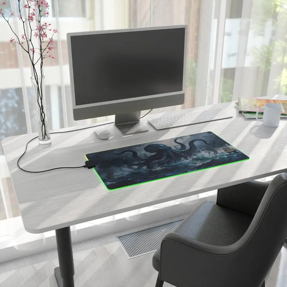 Kraken storm led gaming mouse pad with dark oceanic octopus design and glowing green led edge lighting for pc gamers