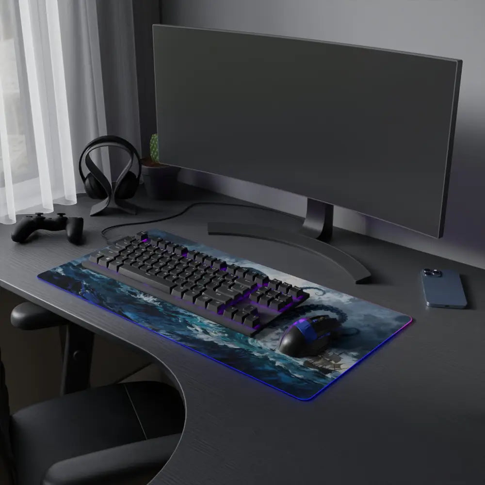 Kraken storm led gaming mouse pad with blue ocean design and glowing purple led border for pc gamers