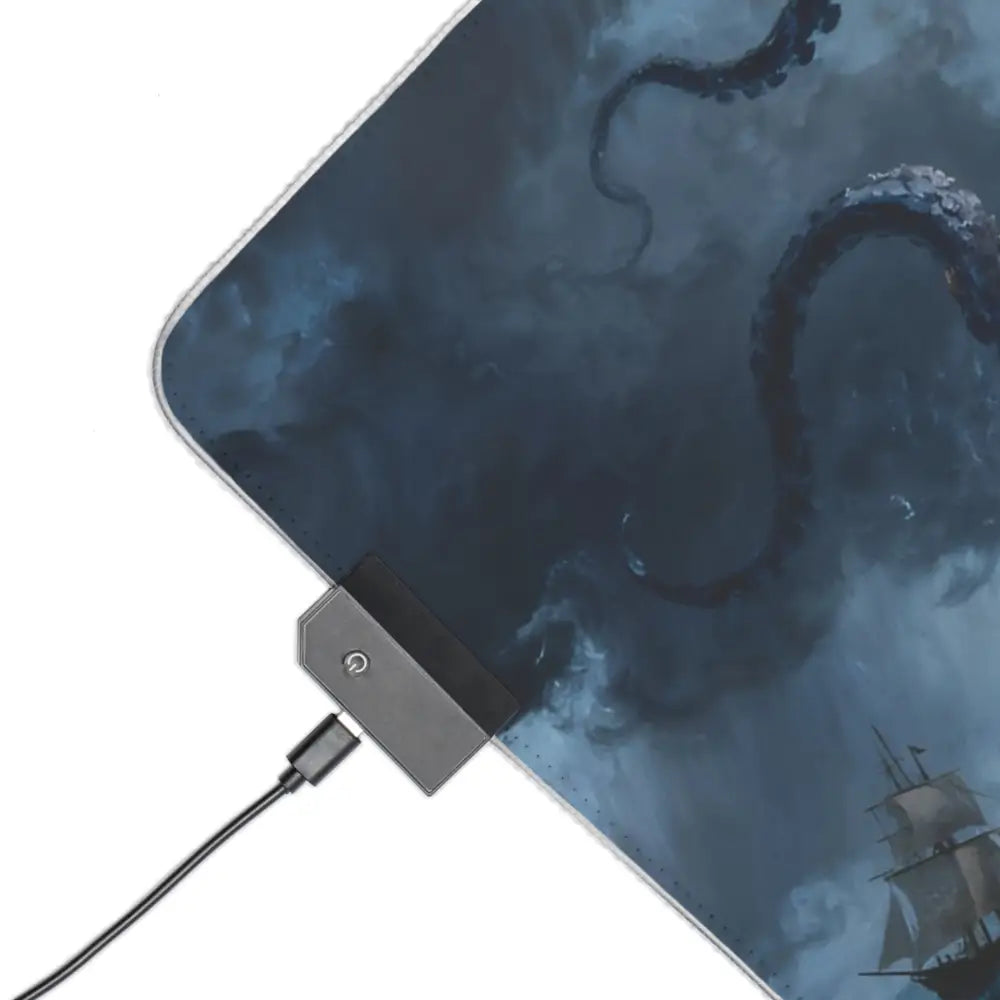 A sleek dark blue led gaming mouse pad with octopus and ship ocean design for pc gamers and led gaming mouse use