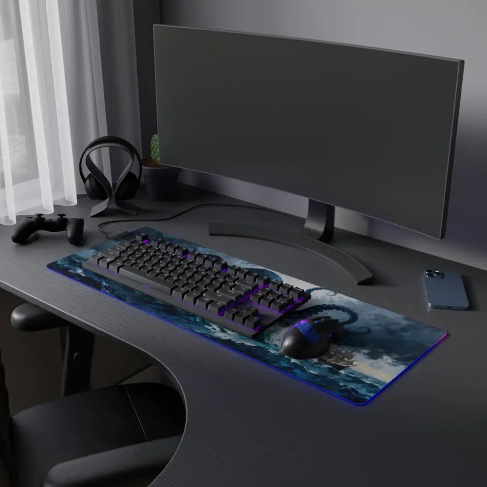 Kraken storm led gaming mouse pad with blue ocean and ship design large rgb desk mat for pc gamers