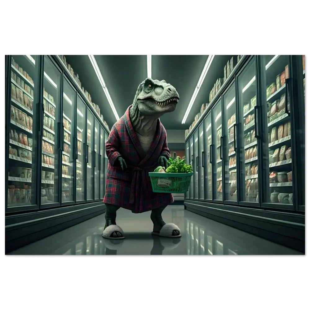 Dinosaur in robe shopping for groceries for Late-Night Grocery Rex Aluminum Print