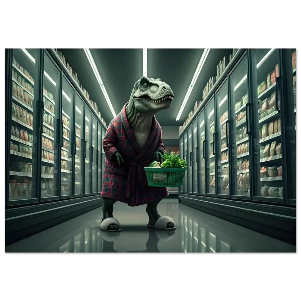 Dinosaur wearing a robe shopping for groceries in futuristic comedy metal art print