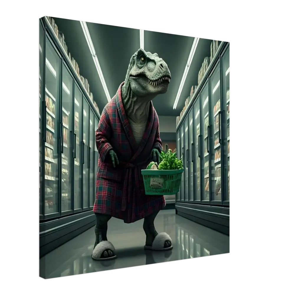 Dinosaur in robe shopping for groceries in a humorous wall art print by PixiOnyx