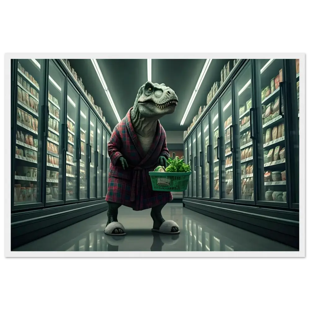 Dinosaur wearing a robe shopping at night for groceries in a humorous framed poster print