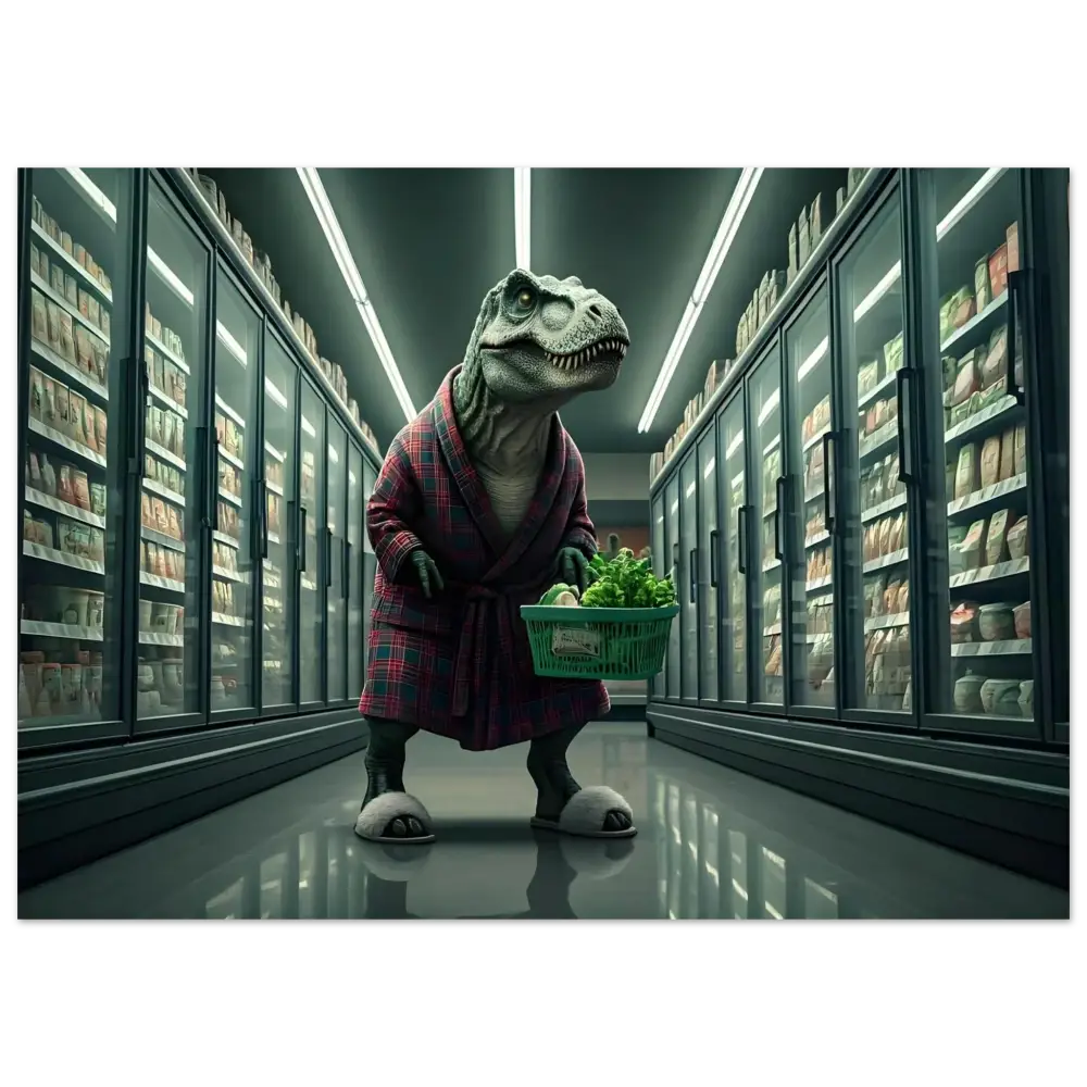 Dinosaur in robe holding groceries for Late-Night Grocery Rex Poster on PixiOnyx Loungecore Wall Art
