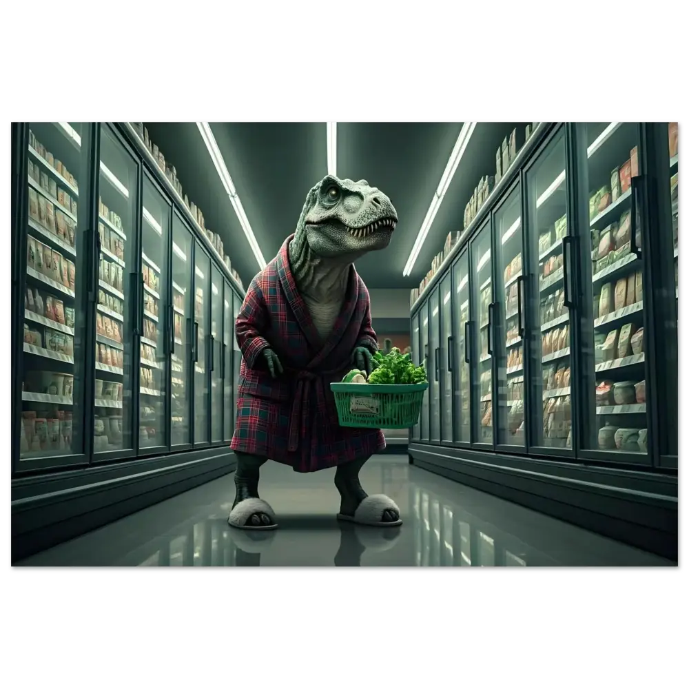 Dinosaur in robe shopping for groceries as part of PixiOnyx Loungecore Wall Art print