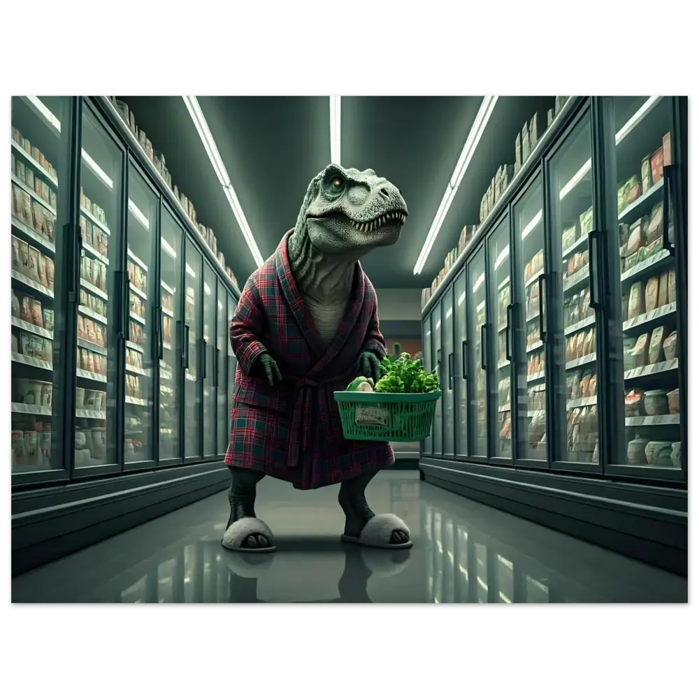 Dinosaur in bathrobe holding a shopping basket for Late-Night Grocery Rex Poster art