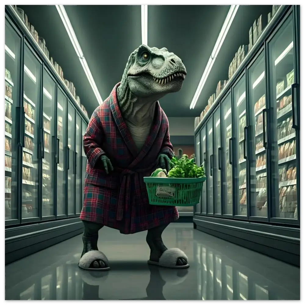 Dinosaur in robe and slippers shopping for greens in a grocery store print art