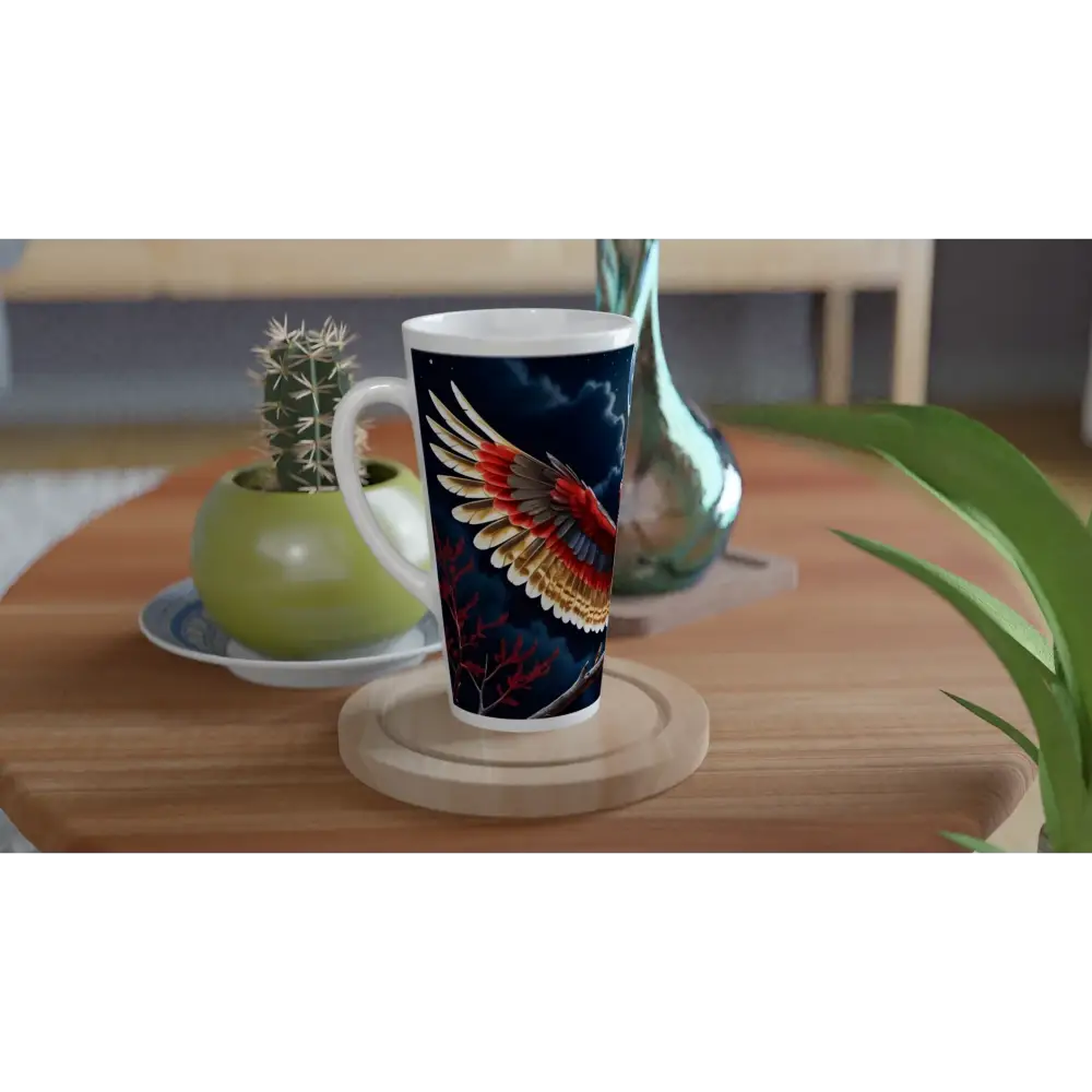 Tall crimson mug featuring a majestic wing design for Celestial Latte lovers