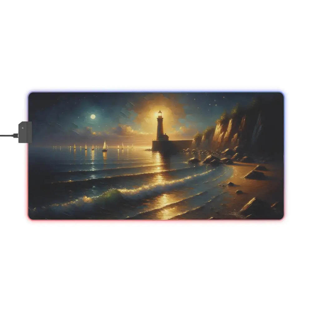 Illuminated lighthouse beach mousepad with painterly glow for LED gaming setup