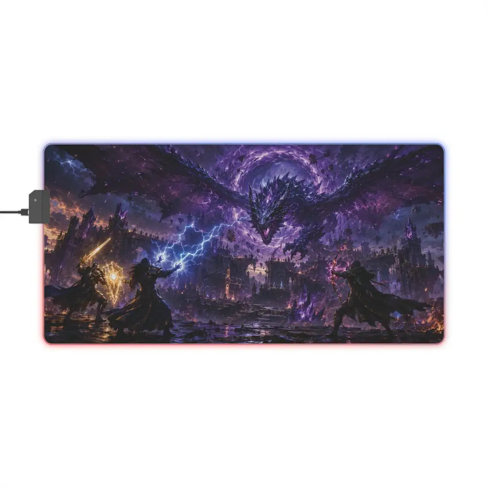 Led gaming mouse pad with purple and black rgb lighting featuring a fantasy battle scene with dragons and warriors