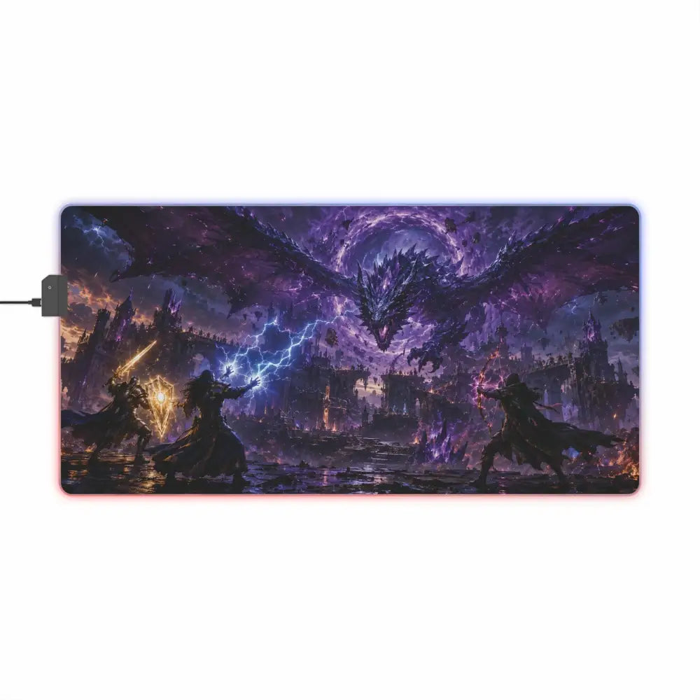 Led gaming mouse pad with vibrant rgb lighting featuring an epic dragon battle fantasy scene for gaming desks