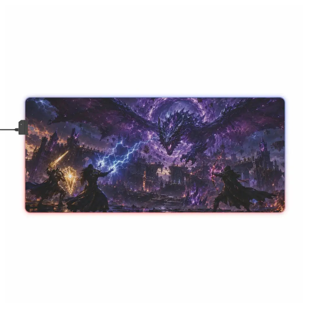 Led gaming mouse pad with purple and black epic dragon battle design and glowing blue lightning for led gaming setup