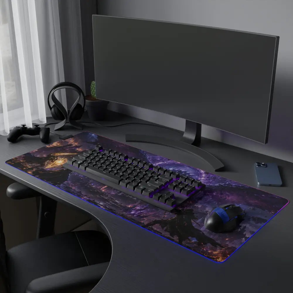 Led gaming mouse pad with purple and black galaxy design and glowing rgb edge lighting for epic gaming setups