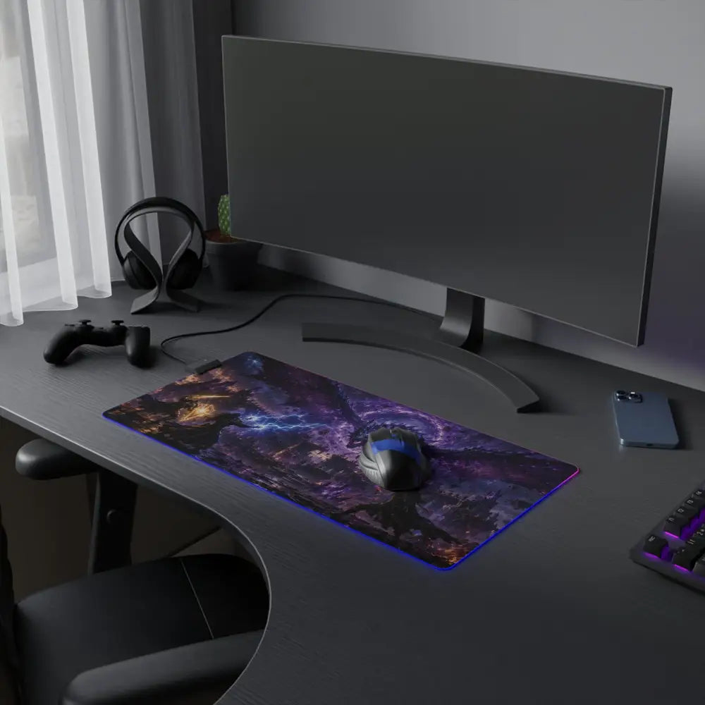 Led gaming mouse pad with cosmic nebula design and glowing purple led lights featuring an ergonomic black optical mouse