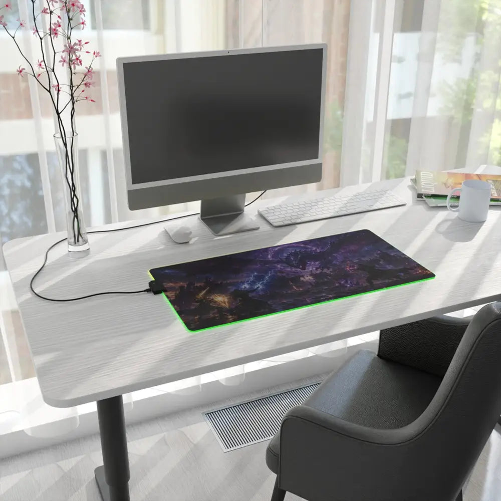 Led gaming mouse pad with cosmic nebula design green glowing led edge and sleek black surface for gaming desk setup