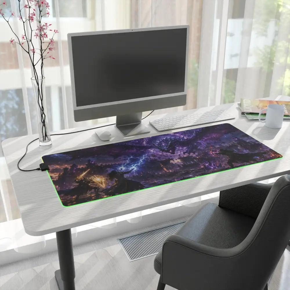 Led gaming mouse pad featuring vibrant purple and blue nebulae and epic battle silhouettes with rgb lighting effects