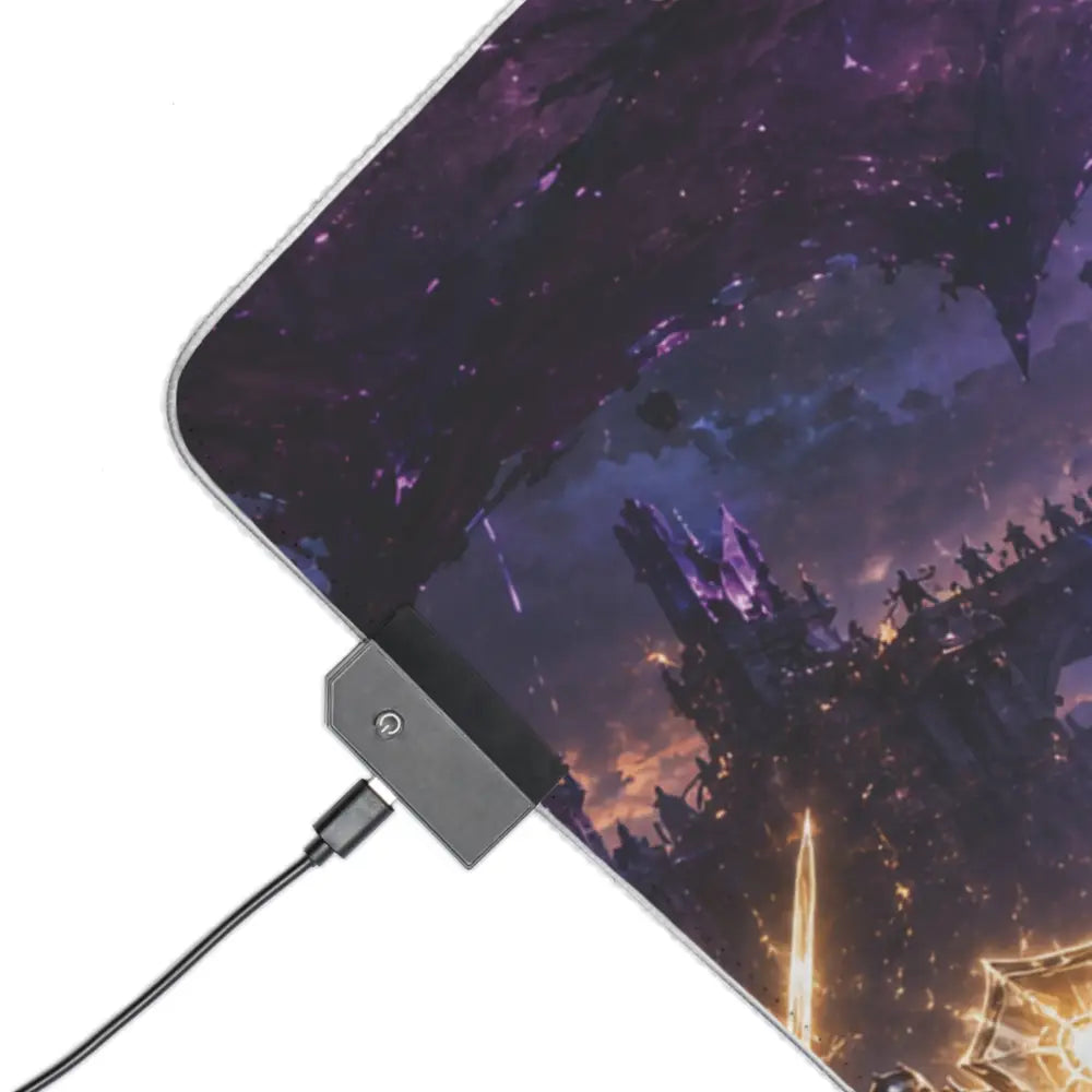 Led gaming mouse pad with purple and black fantasy design and glowing illuminated edge for rgb gaming setup