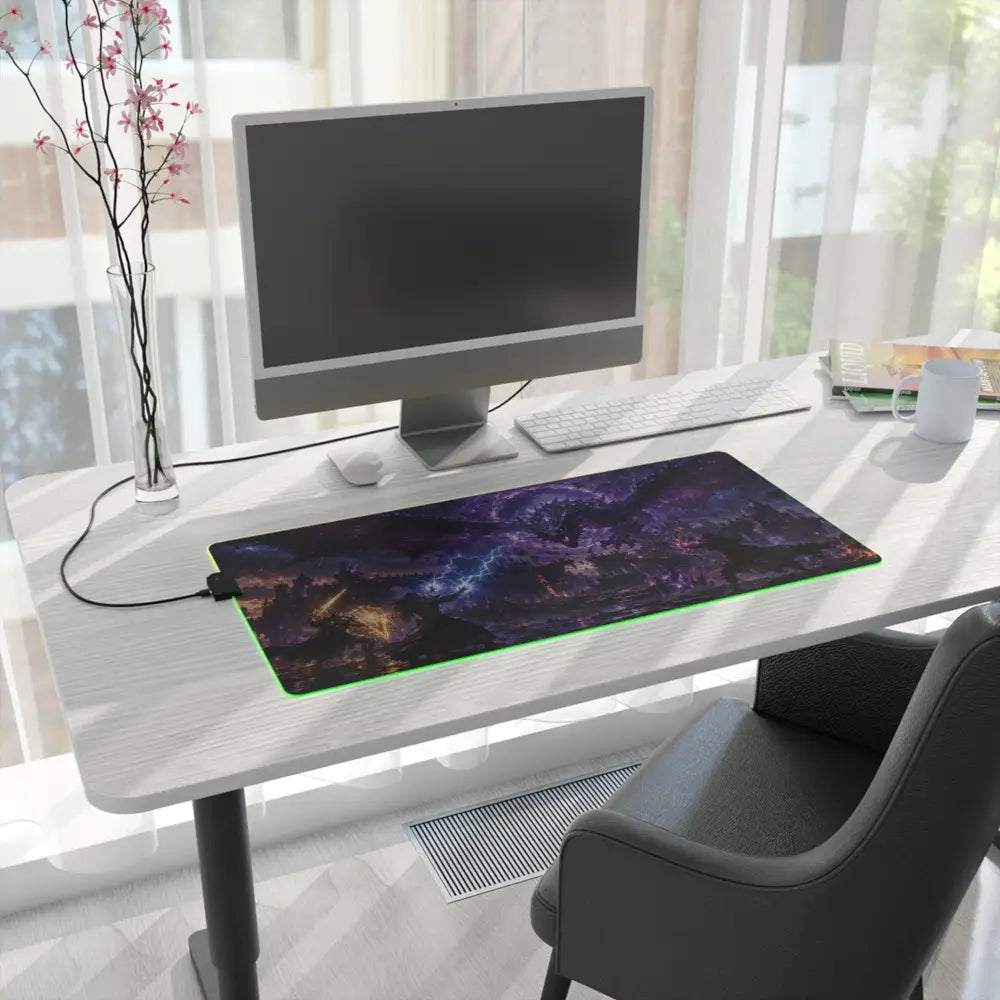 Led gaming mouse pad with vibrant cosmic design in purples blues and golds and glowing green led gaming border