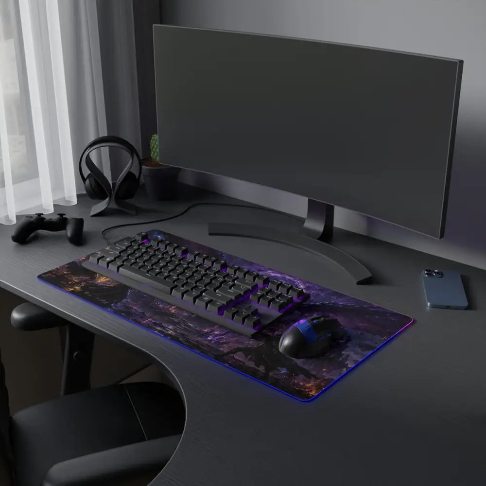 Led gaming mouse pad with purple and black galaxy design and glowing rgb led border for epic dragon battle gaming