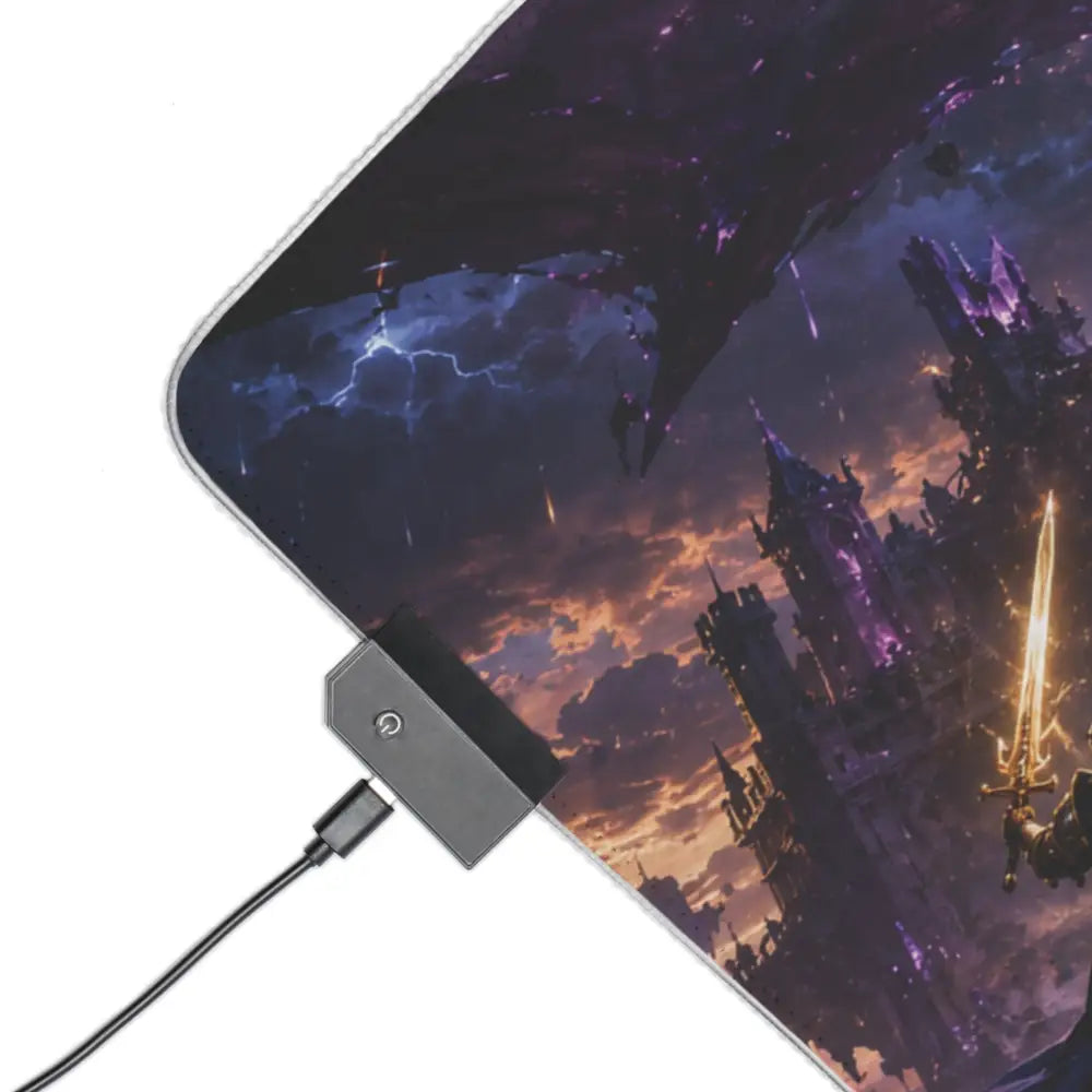 Black rectangular usb-c charging dock with power button connected to led gaming mouse pad with fantasy castle rgb design