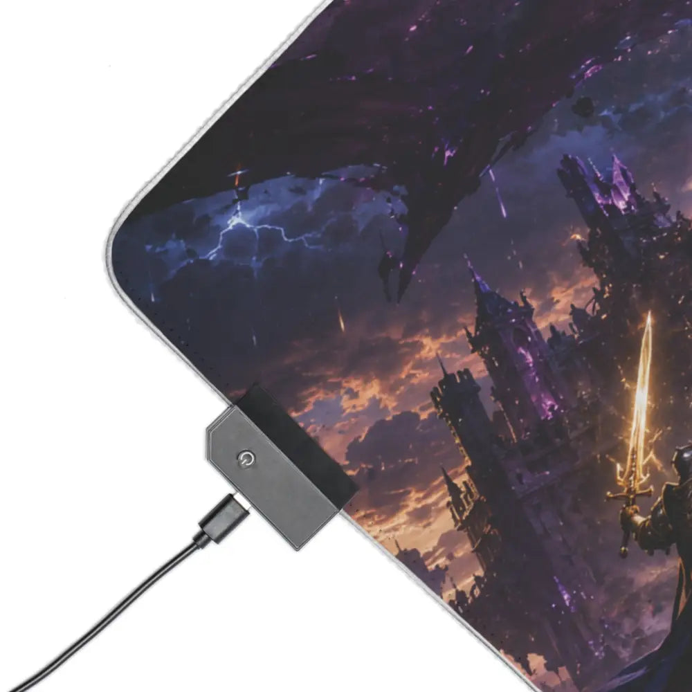 Black rectangular usb-c charging dock with minimalist design complementing led gaming mouse pad epic dragon battle rgb desk mat