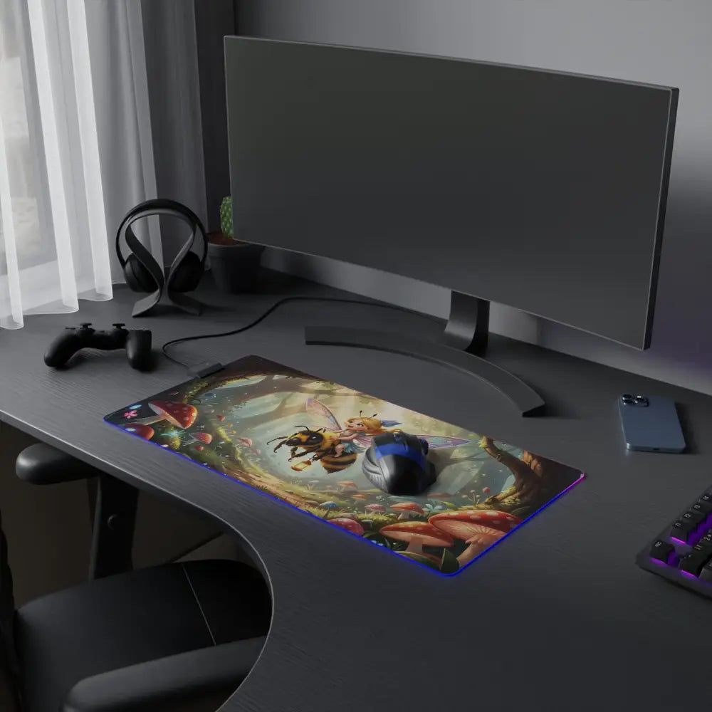 Led gaming mouse pad with vibrant fairy bee forest illustration and glowing blue led lighting on non-slip rubber base