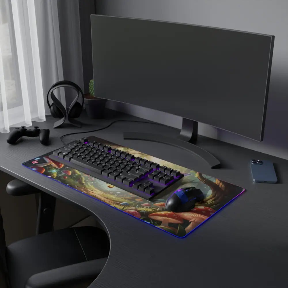 Led gaming mouse pad with vibrant fairy bee forest design glowing mushrooms ambient purple lighting non-slip rubber base