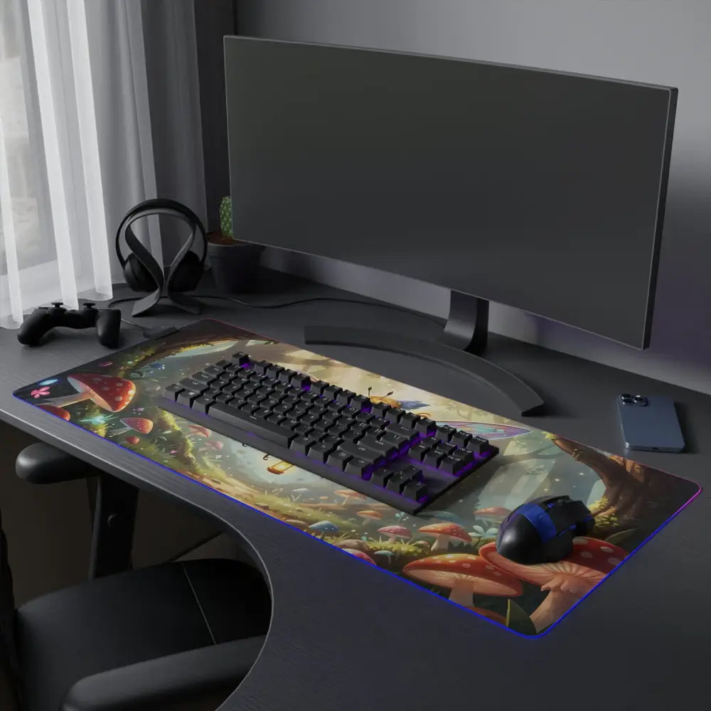 Fuchsia and green fairy bee forest rgb gaming mouse pad with led edge lighting and non-slip rubber base