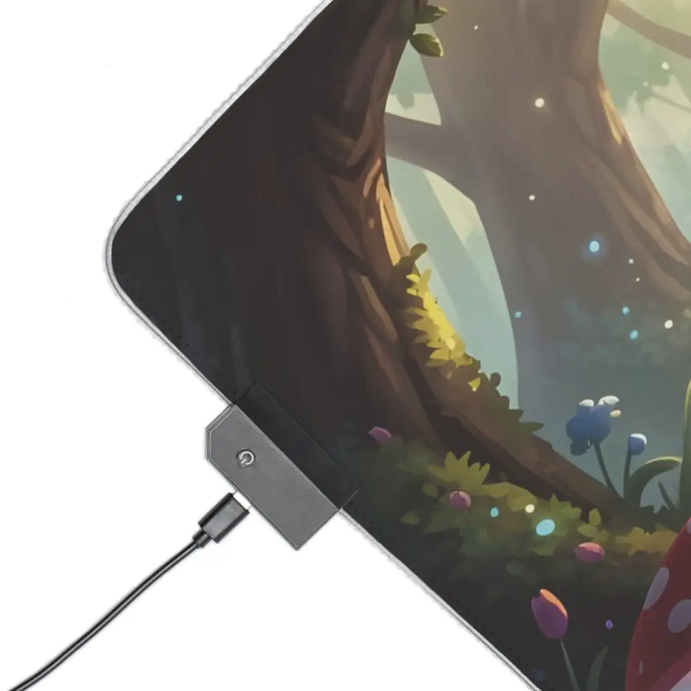 Black usb-c charging dock attached to tablet corner with led gaming mouse pad fairy bee forest rgb desk mat featuring non-slip rubber base