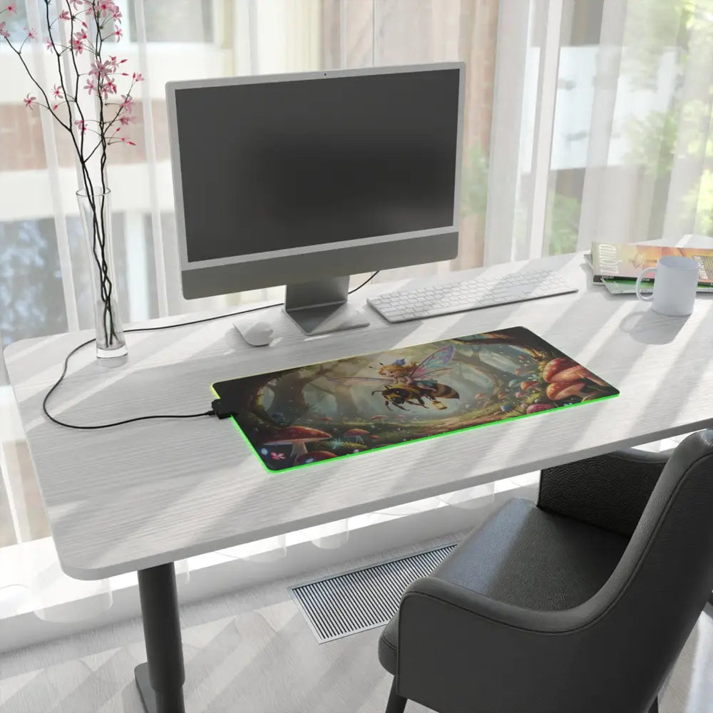 Led gaming mouse pad glowing green edge with fantasy bee and mushrooms design non-slip rubber base for gaming desk