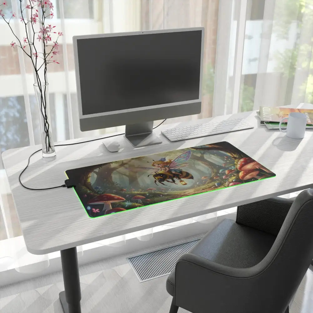 Led gaming mouse pad with glowing green edges featuring a fairy and bee fantasy design on non-slip rubber base