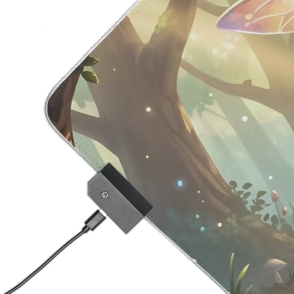 A sleek black usb charging dock with power button on the corner of a fairy bee forest rgb gaming mouse pad with non-slip rubber base
