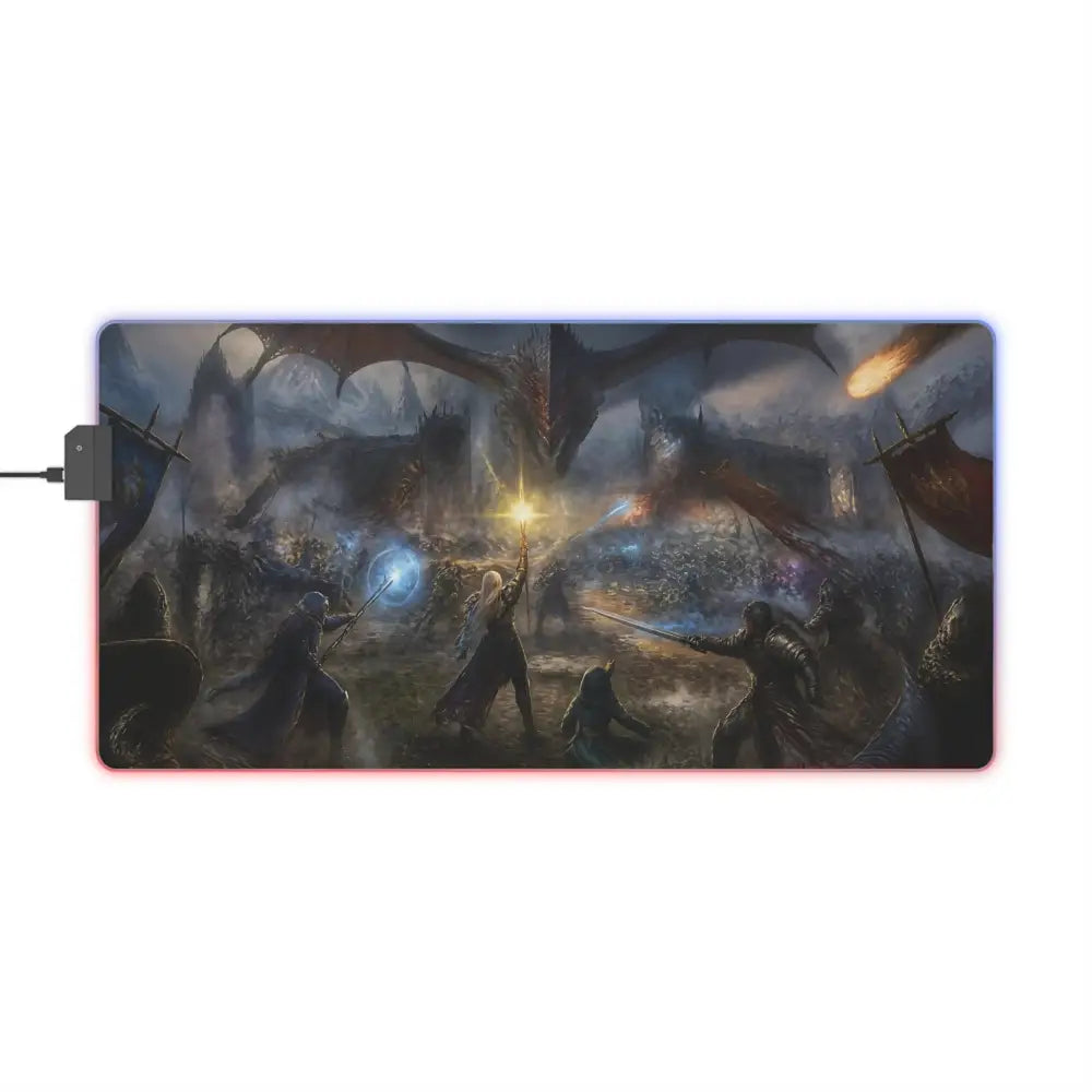 Led gaming mouse pad with fantasy battle design and glowing rgb edges for immersive gamer desk setup