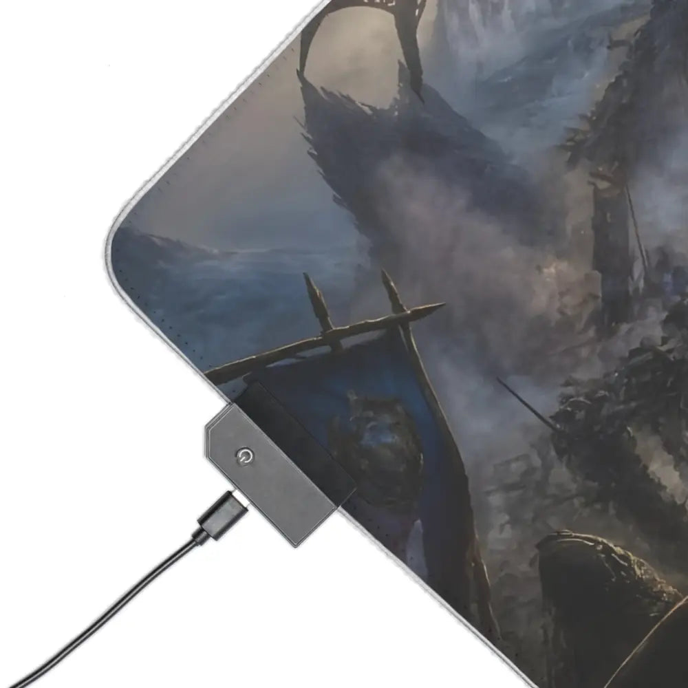 Led gaming mouse pad with dark fantasy battle design and black usb charging port for immersive rgb gaming setup