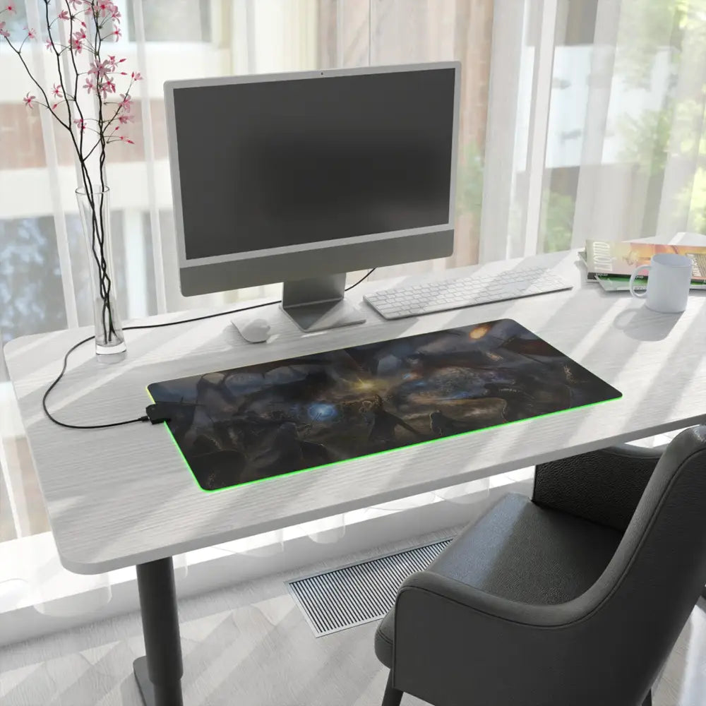 Led gaming mouse pad with glowing green led edge lighting and dark fantasy artwork design for gamers desk mat