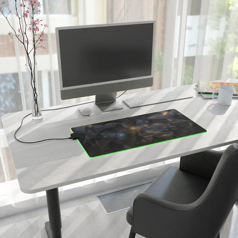 Led gaming mouse pad with glowing green led edge lighting and dark fantasy battle design for gamers desk use