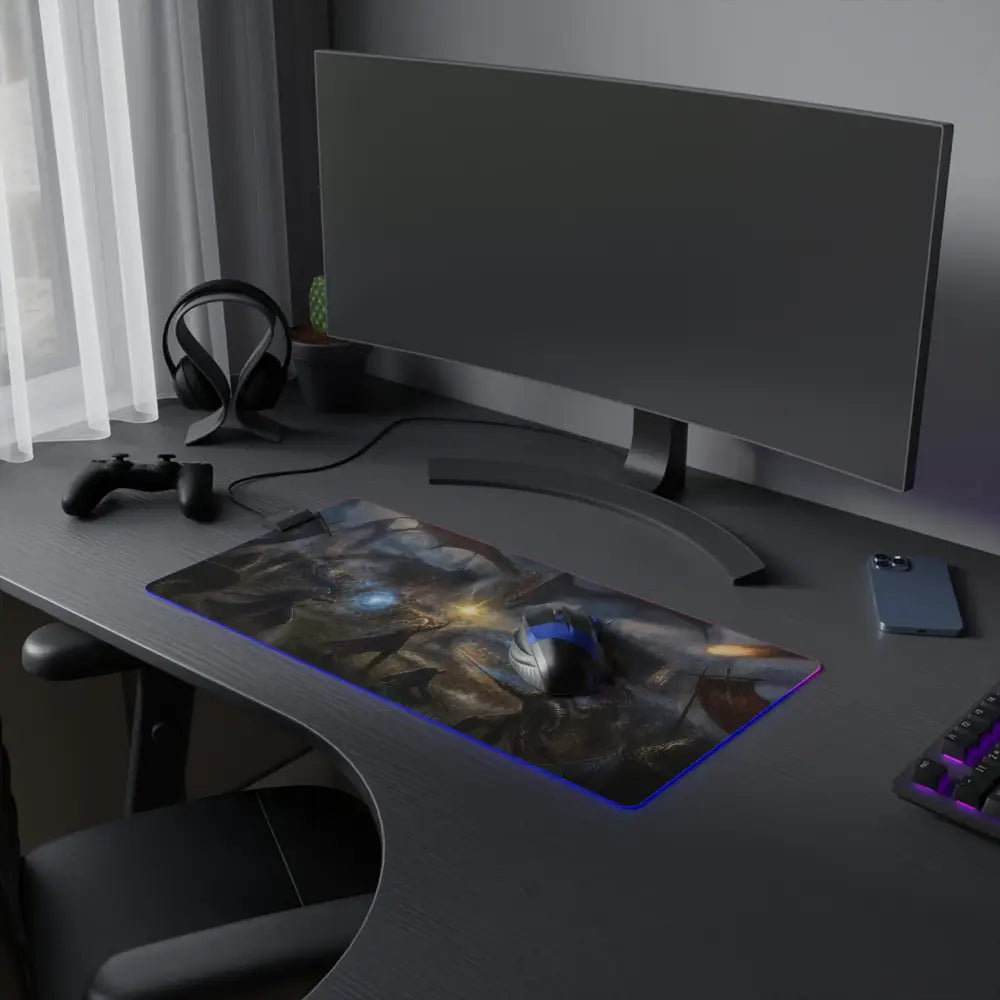 Led gaming mouse pad with glowing blue led edge lighting and dark fantasy armored figures artwork for gamers