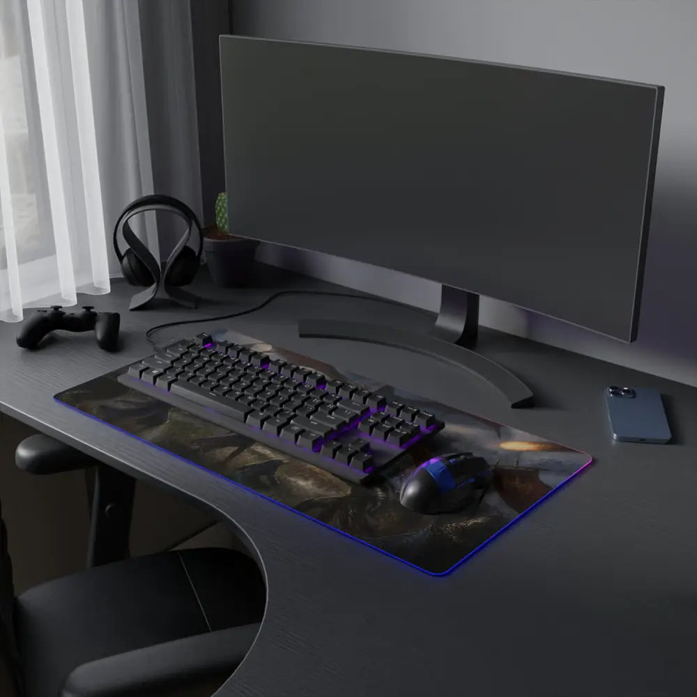 Led gaming mouse pad with dark fantasy design and glowing purple led edge lighting for immersive gaming setup