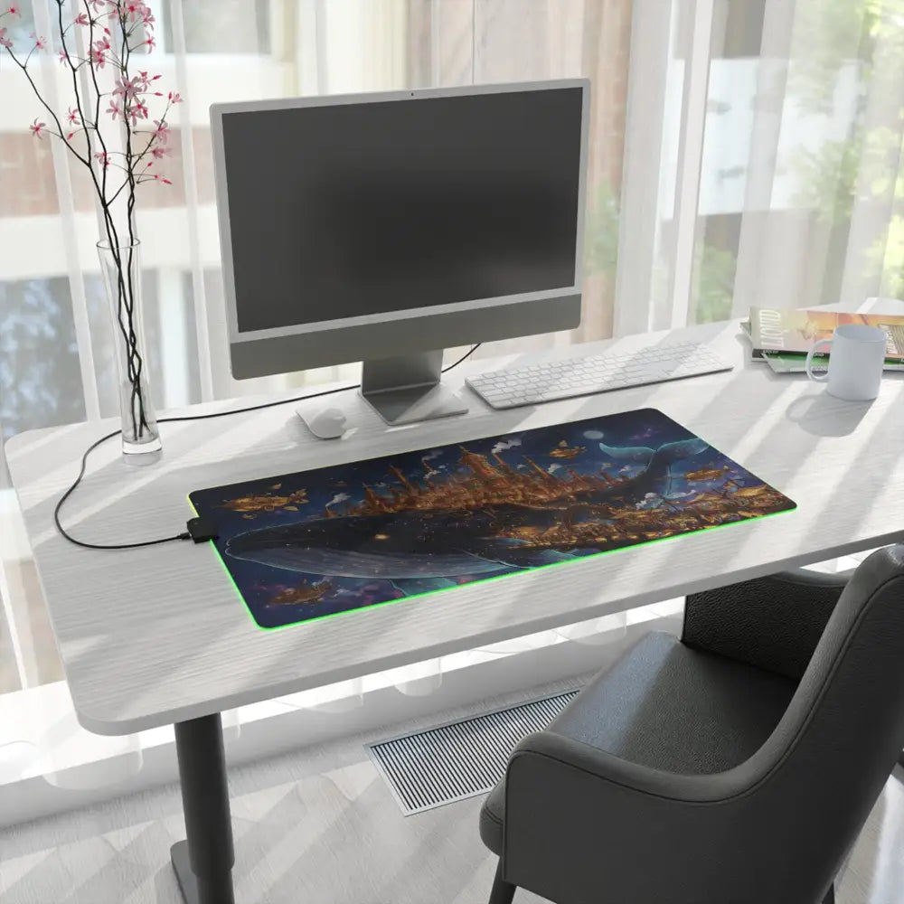 Led gaming mouse pad with glowing green edge featuring fantasy whale city cosmic design for city rgb desk setup