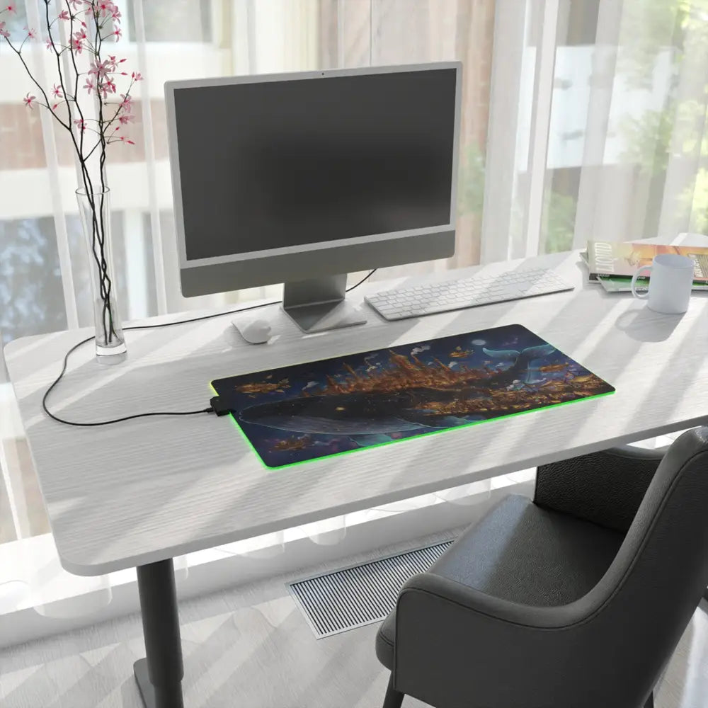 Led gaming mouse pad with glowing green edge lighting and detailed fantasy whale city rgb desk design on dark blue background
