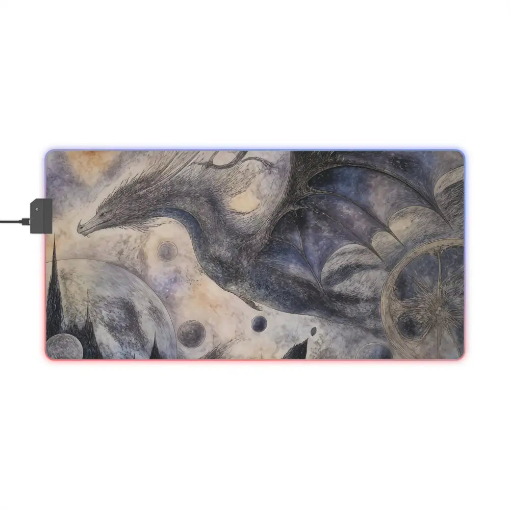 Led gaming mouse pad featuring a detailed black and gray dragon design with celestial elements and micro usb cable