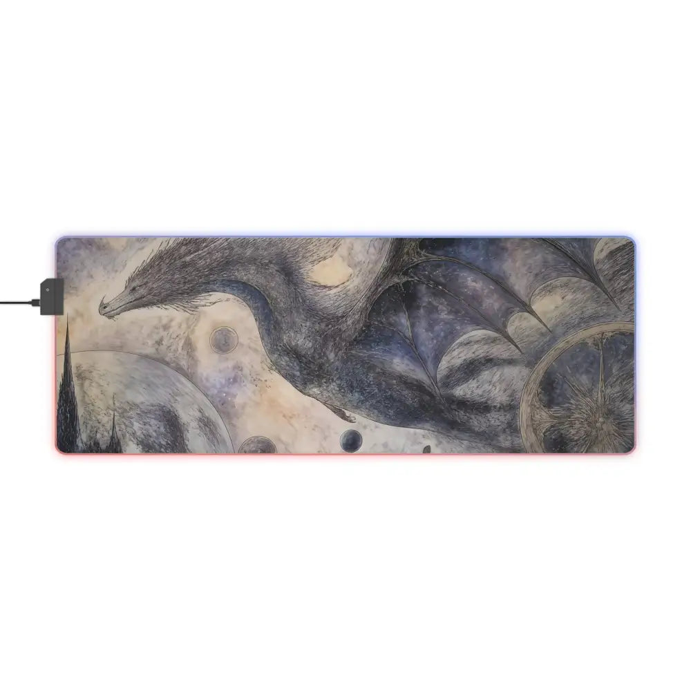 Led gaming mouse pad featuring a black and gray dragon design with rgb lighting and micro usb cable connectivity