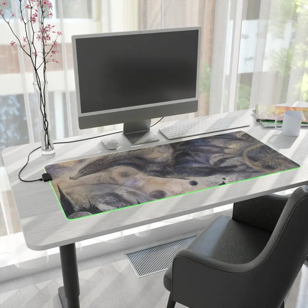 Led gaming mouse pad with mystical dragon artwork in gray blue and beige tones and micro usb cable connection