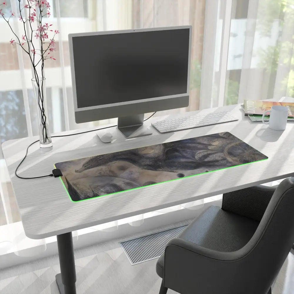 Led gaming mouse pad with mystical dragon design and glowing green rgb lights powered by micro usb cable