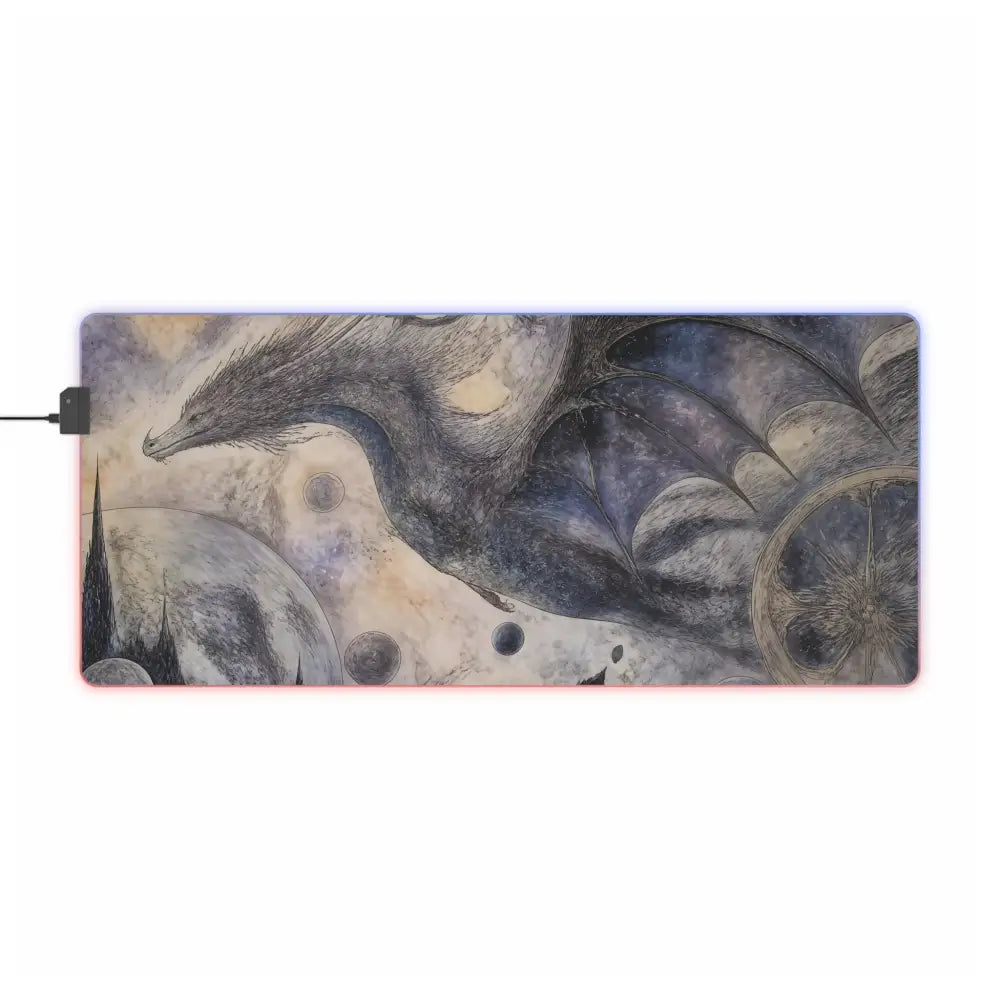 Led gaming mouse pad featuring a black and gray dragon design on a cosmic background with micro usb cable connectivity