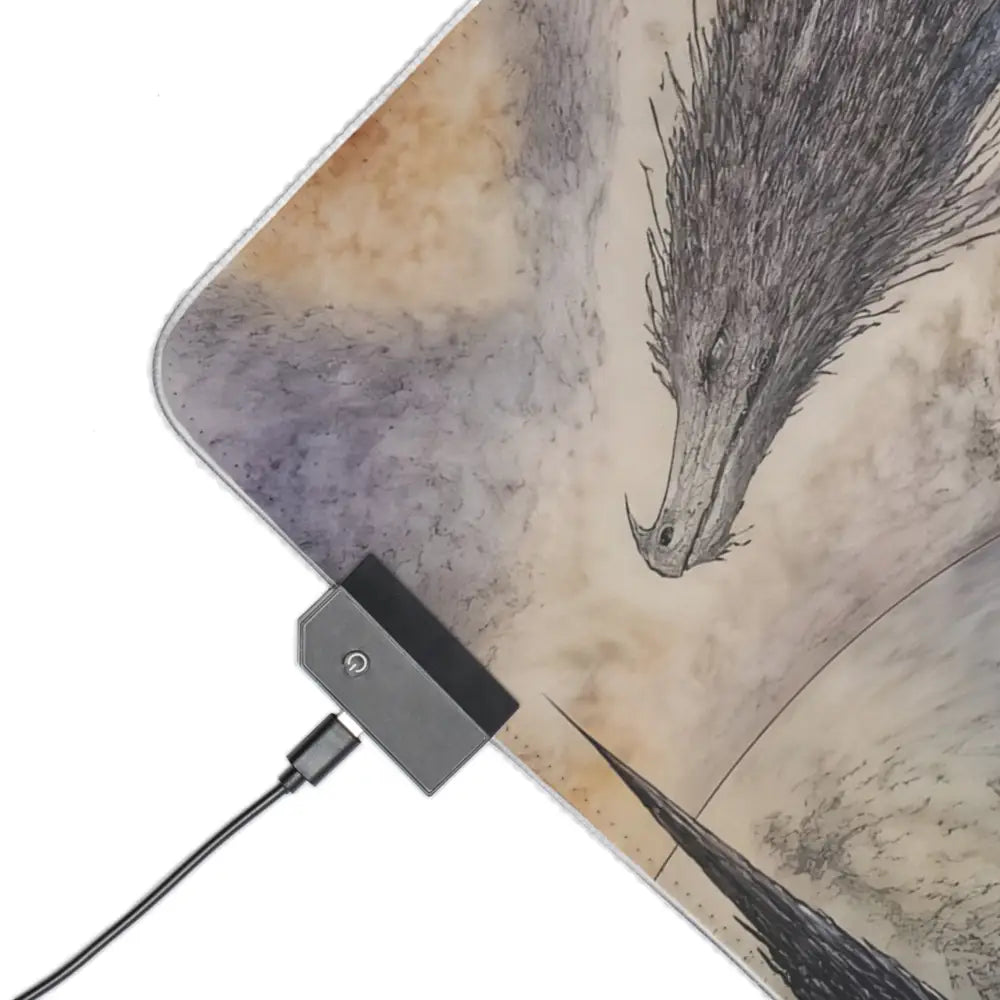 Led gaming mouse pad with a black-gray dragon design on a beige purple curved surface includes micro usb cable
